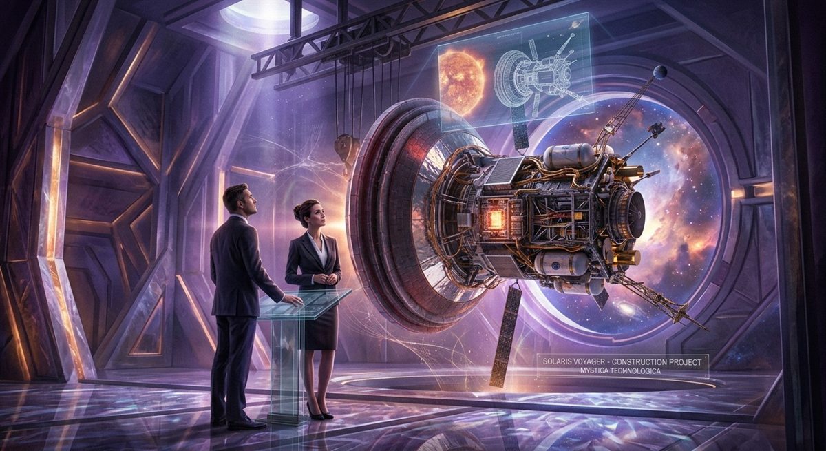 Ein Mann und eine Frau betrachten in einer Halle die Raumsonde Solaris Voyager